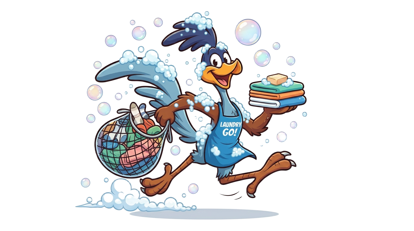 Load Runner mascot delivering fresh laundry